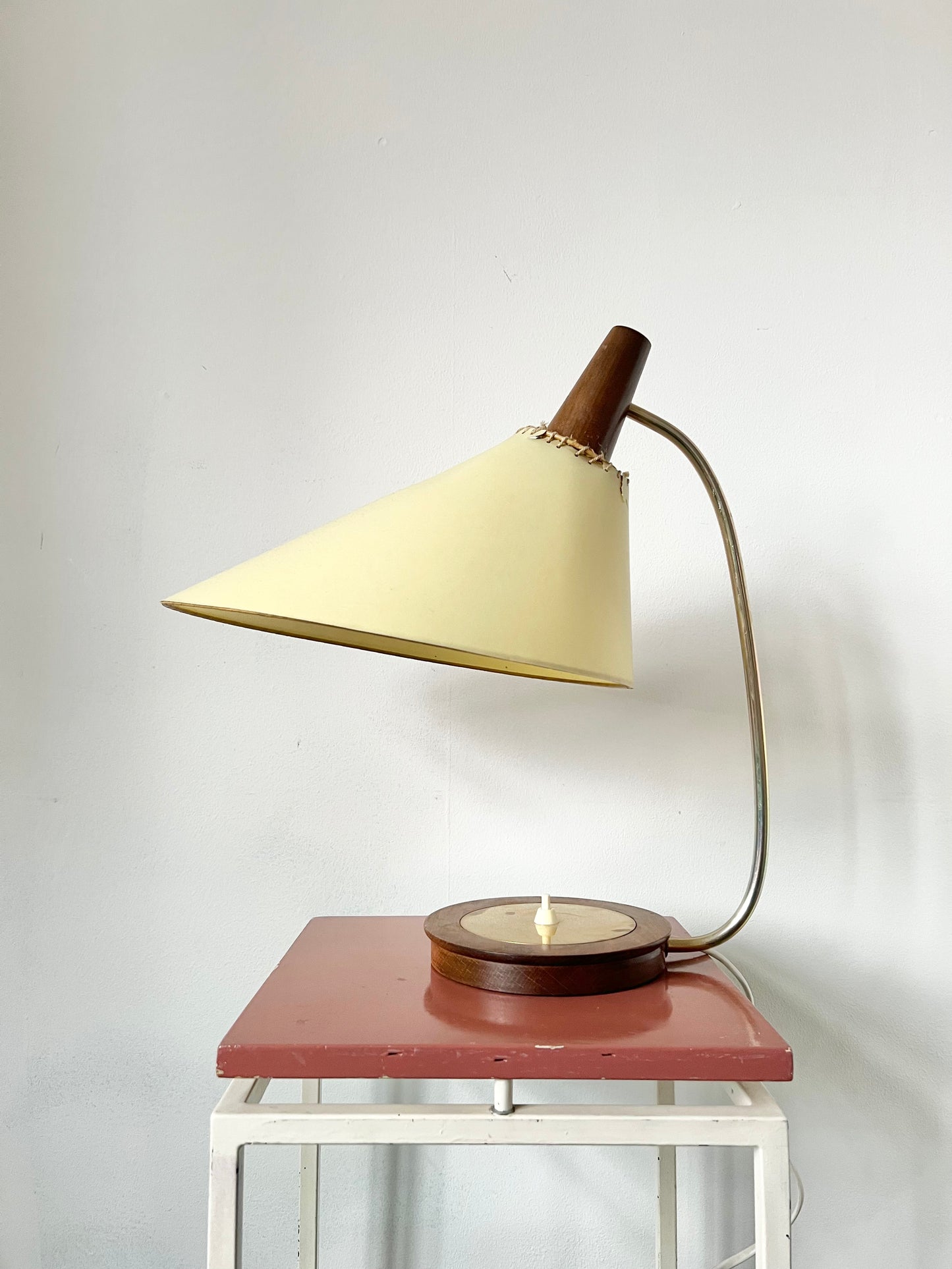 Mid century modern brass & teak table lamp