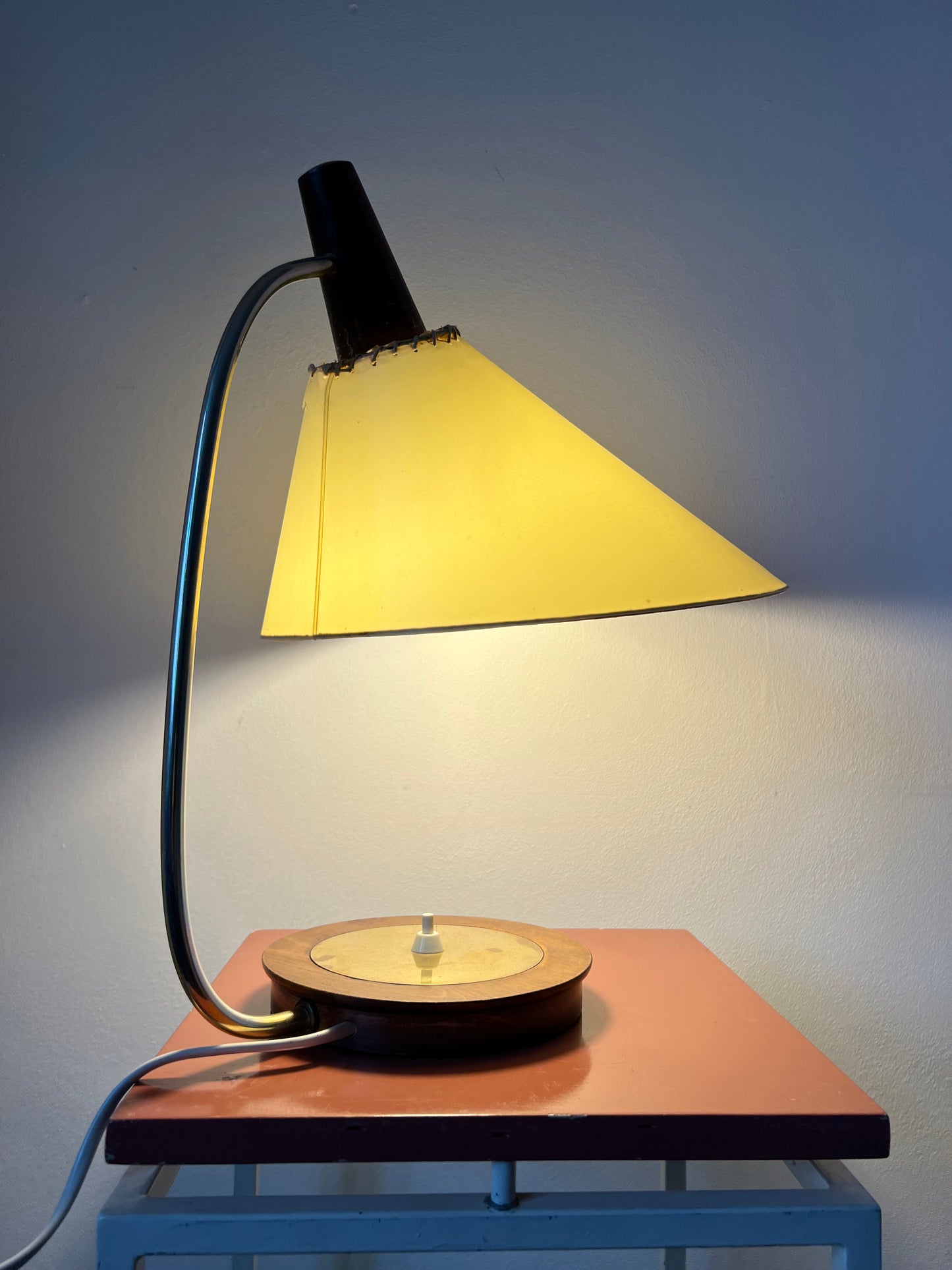 Mid century modern brass & teak table lamp