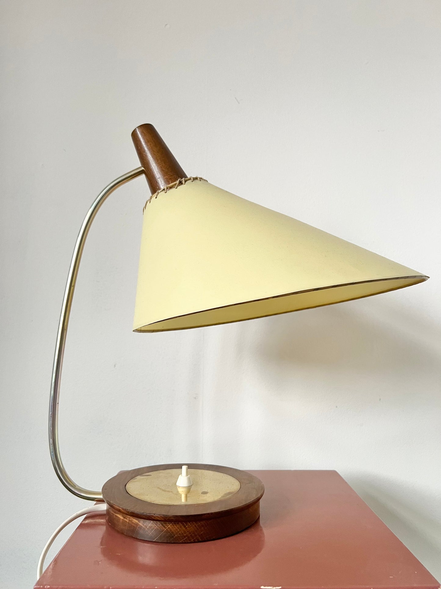 Mid century modern brass & teak table lamp