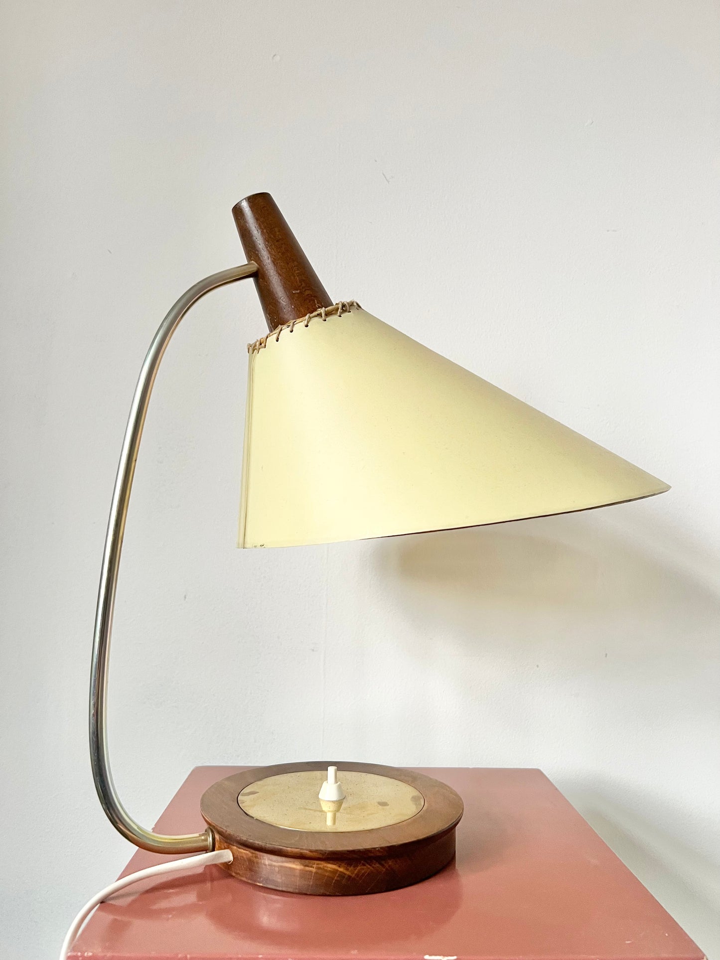 Mid century modern brass & teak table lamp